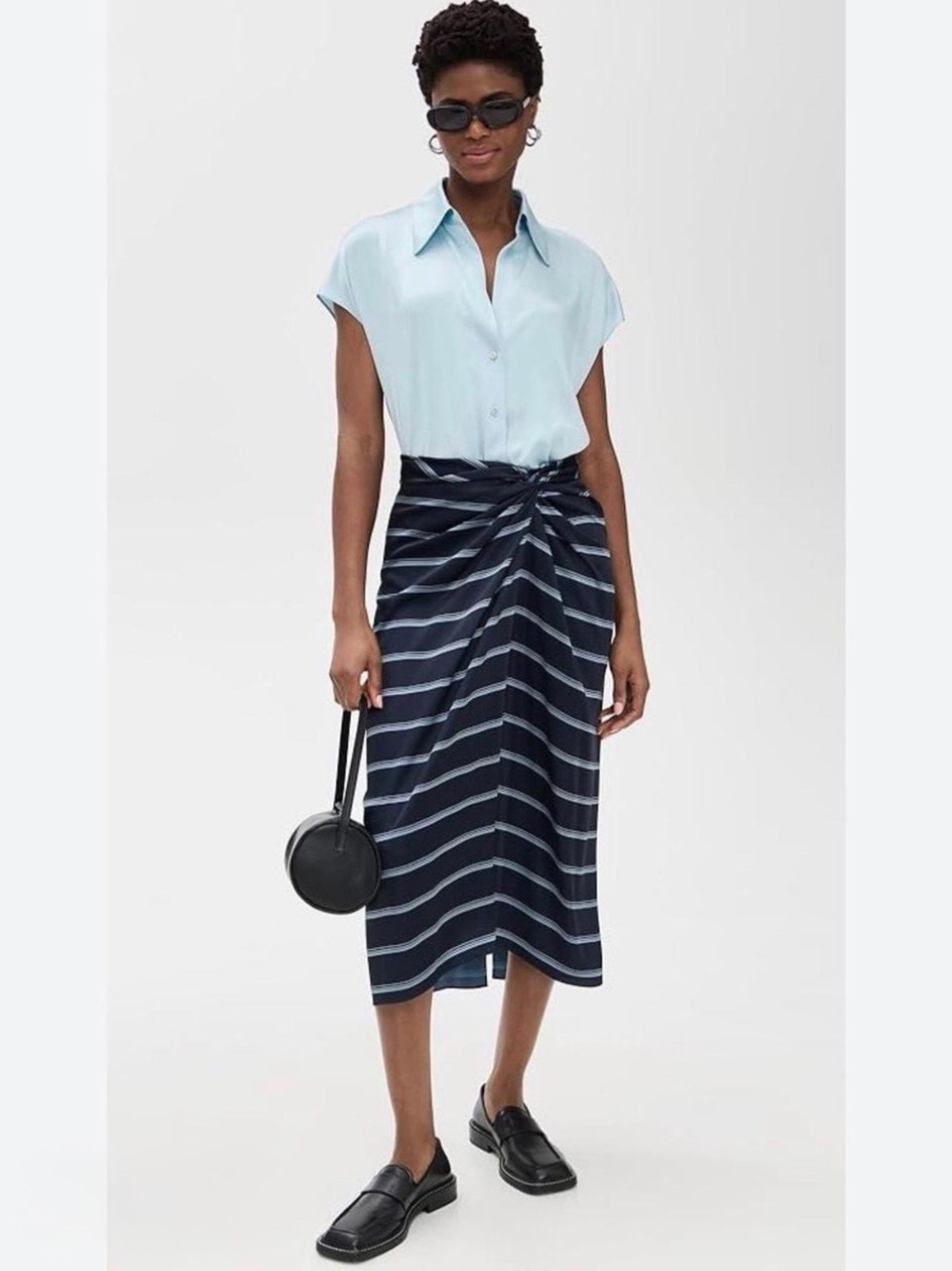 Vince Navy Light Blue White Rugby Stripe Satin Midi Skirt Gathered 4